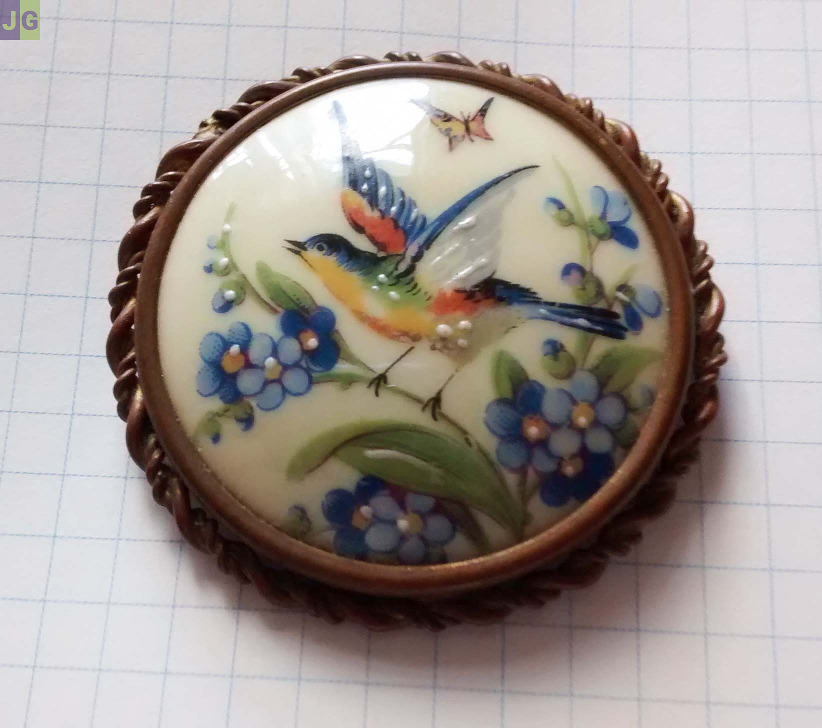 Broche ancienne ronde 5 cm. Porcelaine Limoges France.