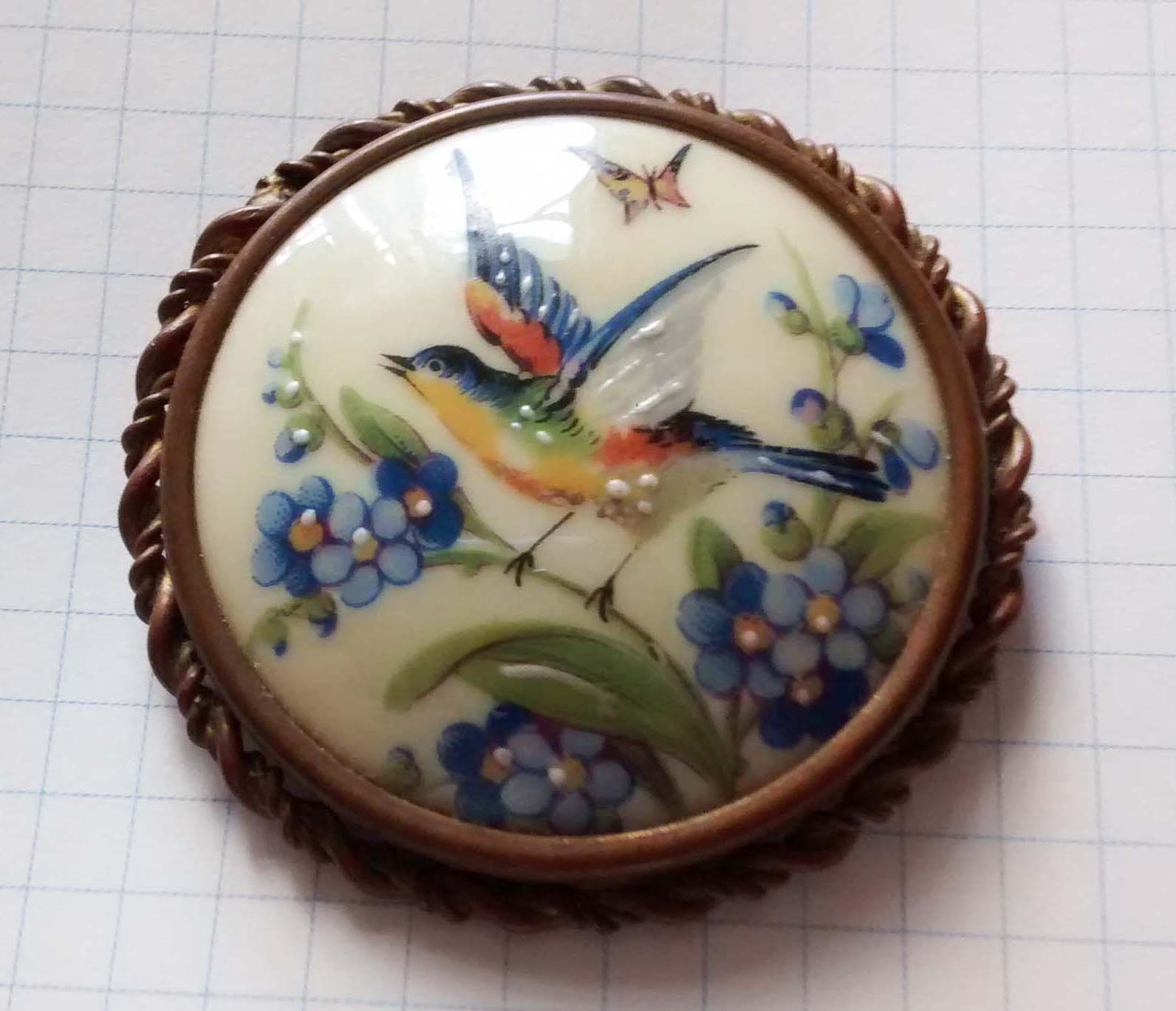 Broche ancienne ronde 5 cm. Vintage. Porcelaine Limoges France